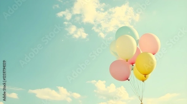 Fototapeta Group of Colorful Balloons Rising Into a Bright Sky.