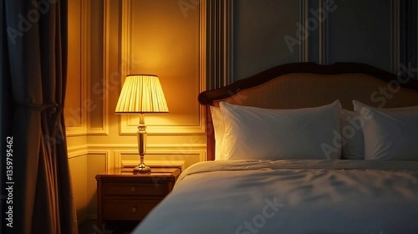 Fototapeta Elegant bedroom design, king-sized bed with layered linens, stylish lamp casting a warm glow, refined decor elements enhancing luxury, front-facing perspective.  