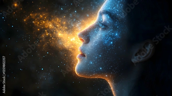 Fototapeta Ethereal portrait of a woman with a cosmic glow, surrounded by a starry backdrop, symbolizing dreams