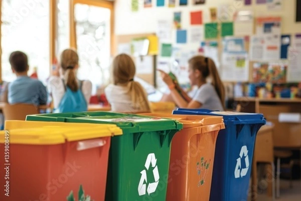 Fototapeta Colorful recycling bins in classroom with children learning about waste sorting, promoting sustainability, environmental education and responsibility. Copy space