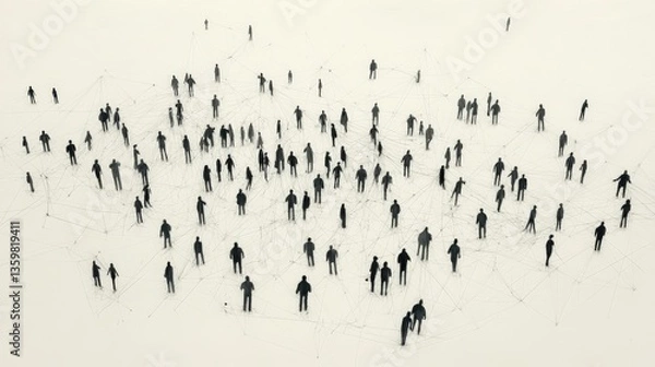 Fototapeta Aerial view of a diverse crowd of people interconnected by lines, symbolizing community and interaction in a minimalistic setting