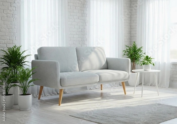 Obraz Minimalist living room with a modern gray sofa, white brick walls, and lush green plants in white pots. Sunlight streams through sheer curtains, creating a bright, cozy, and elegant interior space.
