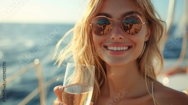 Fototapeta Contented young lady holding a champagne glass and looking through it while smiling at the camera