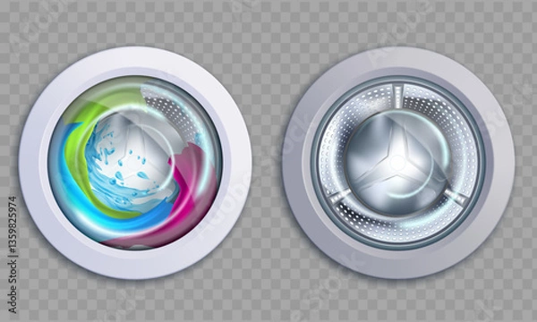 Fototapeta Washing machine drum with clothes and empty. Vector mockups isolated on transparent background