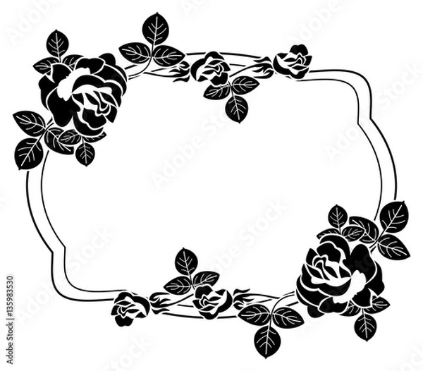 Obraz Black and white frame with stylized roses silhouettes. Vector clip art.