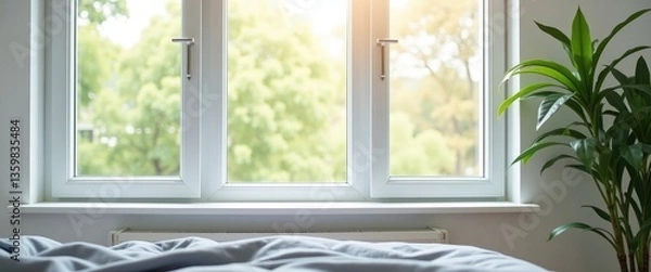 Obraz White window frame featuring modern profiles in the bedroom. Natural light in the living room. Interior design aligned with functional trends for a cozy home.