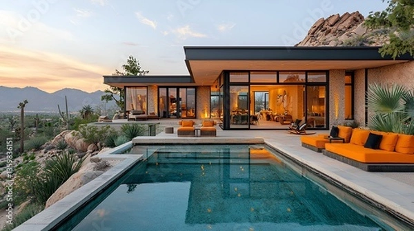 Fototapeta Modern desert home with pool and sunset views