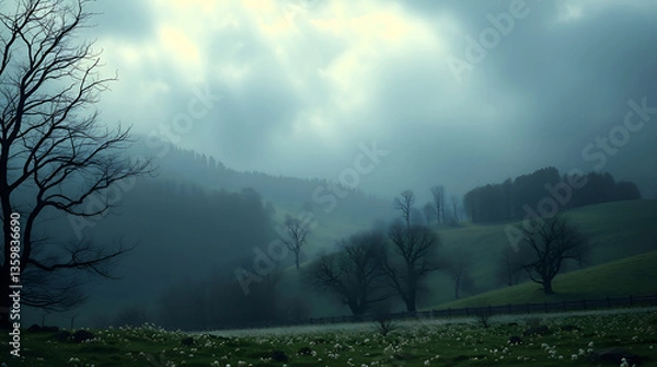Fototapeta Serene Misty Hillscape featuring Bare Trees and Rolling Green Meadows under a Cloudy Sky