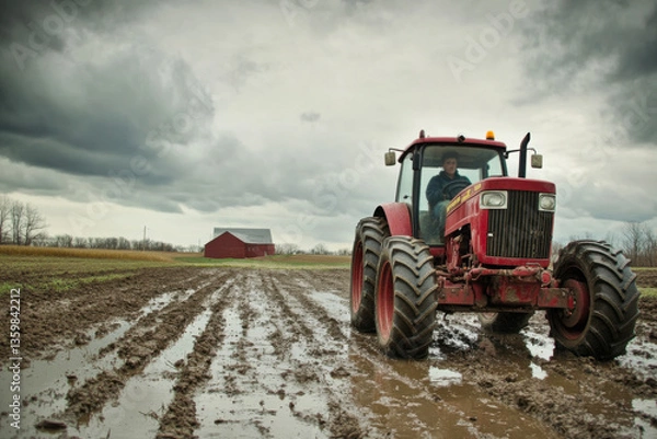 Fototapeta Red tractor driving through muddy field under cloudy sky with barn in background, symbolizing hard work, farming and rural life. Copy space