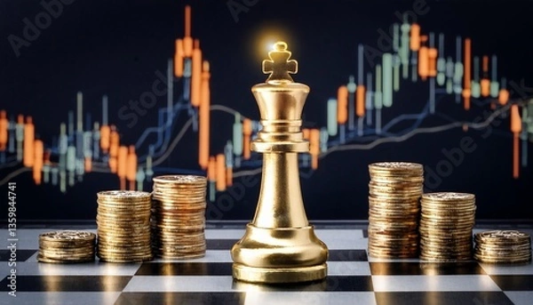 Obraz Golden Chess King and Finance: A golden chess king stands tall amidst stacks of coins on a chessboard, set against a backdrop of dynamic financial charts. It symbolizes strategic investment.