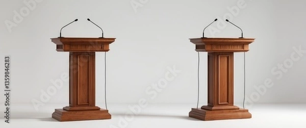 Fototapeta Two contrasting podiums set against a white background featuring microphones.