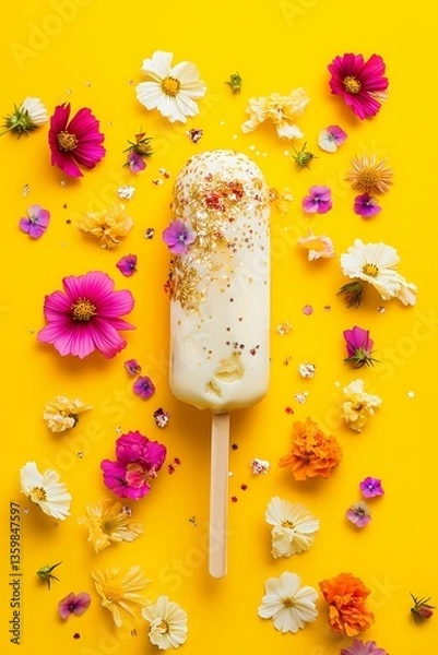 Fototapeta Vanilla ice cream on a stick with gold glitter souranded with various flowers, flat lay, on a bright yellow background. Summer, aesthetic concept.