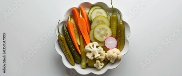 Fototapeta Assorted pickled vegetables including carrot, chili, and radish in a bowl. Overhead view. Isolated. Blank space. Isolated on white background.