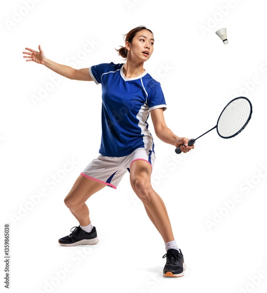 Fototapeta Asian woman playing badminton in dynamic poses holding a badminton racket