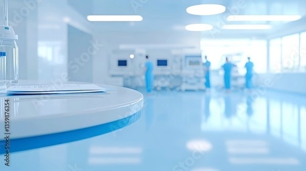 Fototapeta Clinical workspace with organized documents, blurred medical staff collaborating, minimalist design, calming blue-white color scheme representing professionalism and clarity