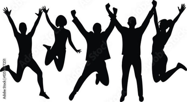 Fototapeta Dynamic Silhouettes of Diverse People Jumping with Joy on White Background, Arms Raised
