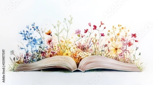 Fototapeta A delicate book drawing with blended watercolor tones and crisp colored pencil details, soft highlights, floating on a clean white background. 