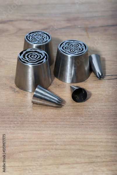 Fototapeta Set of pastry tips made from stainless steel. Tips for making marshmallow tulips and classic marshmallows.