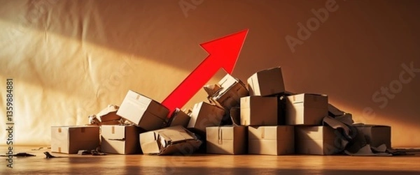 Fototapeta A stack of cardboard boxes accompanied by a red arrow pointing downwards. The decrease in production and economic slump. Falling consumer demand, reduced exports or imports.