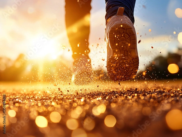 Obraz Person running on dirt path during sunset, showcasing determination and energy while kicking up dust