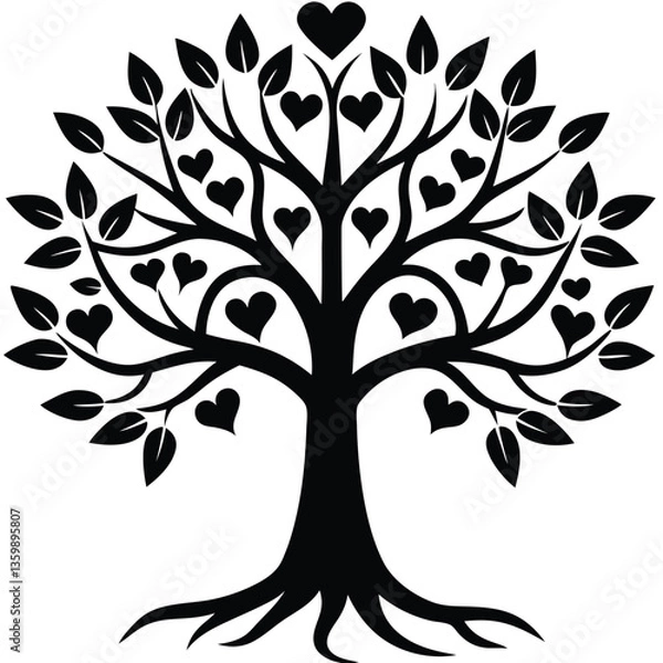 Fototapeta Tree with Heart Shaped Fruits and Leaves in Black and White Colors
