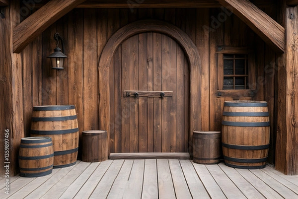 Fototapeta Rustic wooden house entrance with barrels