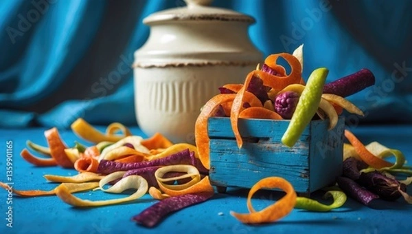 Fototapeta Vegetable peels on a blue background, with a white container in the backdrop. Kitchen scraps in a bin against a blue backdrop, viewed from below. Recycling as a concept, free from waste.