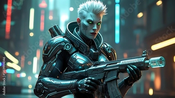 Fototapeta Futuristic military soldier in camouflage with gas mask, a 3D warrior of war