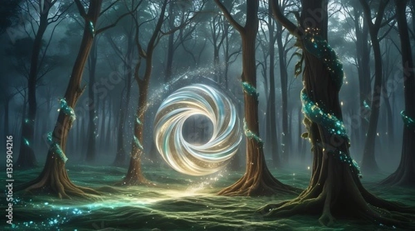 Fototapeta A shimmering magic portal of swirling light materializes in the heart of a mystical, enchanted twilight forest.