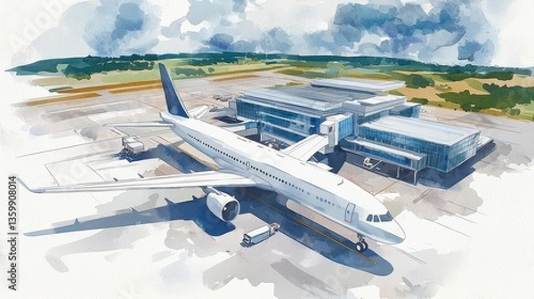 Fototapeta A watercolor illustration of an airplane on a runway next to a modern airport terminal, set against a cloudy sky and green landscape.