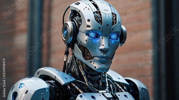 Fototapeta Close-up of a futuristic robot head with gears, featuring a metal skull-like design and robotic elements