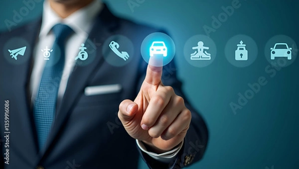Fototapeta Flat Businessman Hand Clicking Insurance Icons: Simplifying Online Purchases for Car, Travel, Family, Life, Financial, and Health Insurance in a Cute Vector Illustration