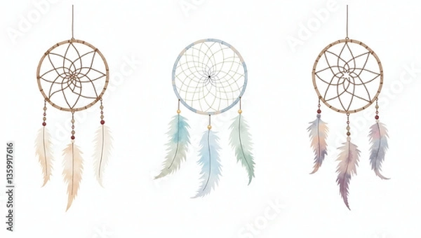 Fototapeta Ethereal Watercolor Dreamcatchers with Soft Feathers: Mystical & Serene Themes for Boho Decor & Spiritual Projects - Perfect Photo Stock Concept with Left Space