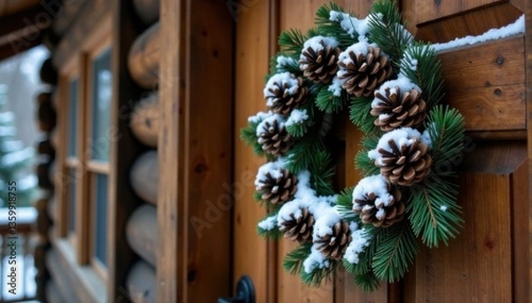 Obraz Snow-covered pinecone wreath on a wooden door in a rustic cabin, wooden door, rustic cabin