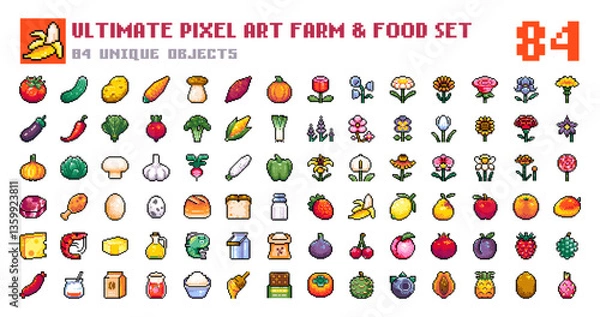Obraz Pixel Art Farm and Food Icons. 8 bit style stickers of Pixelated Fresh Produce – Vegetables, Fruits, Flowers, Meat, Dairy, Fish. Pixel Food For Game assets and Gaming Badges.