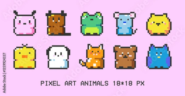 Obraz Pixel Art Cute Animal Icons. 8 bit style stickers of Pixelated Animal Characters like Dog, Frog, Mouse, Cat, Chick, Puppy, Ghost, Bear, and Owl