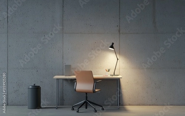 Fototapeta Modern minimalist home office interior with a tan leather office chair, a wooden desk, and a metal desk lamp against a textured concrete wall