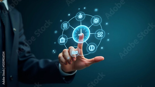 Obraz Innovative Holographic Time Management Interface: Enhance Project Planning, Task Tracking, and Target Setting with Cutting-Edge Technology in a Minimalist Space