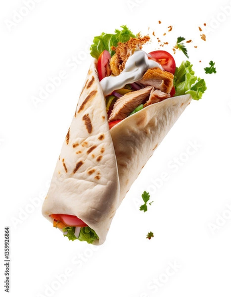 Fototapeta Delicious chicken shawarma wrap falling on transparent background