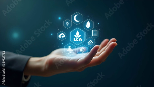 Obraz Hand Showcasing Holographic LCA & Sustainability Icons in Space