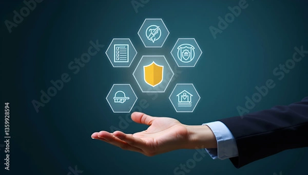 Fototapeta Hand Holding Holographic Work Safety Icons: Shield, Hard Hat, Checklist & Health Protocols in Stock Photo