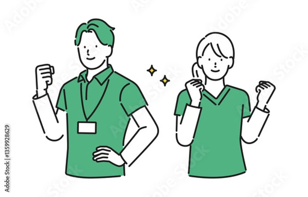 Obraz イラスト素材【介護イメージ】：生き生きとした表情でやる気のある若い男女の介護職員