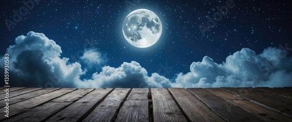 Fototapeta backgrounds night sky with stars and moon and clouds. wooden surface. Features of this image provided by