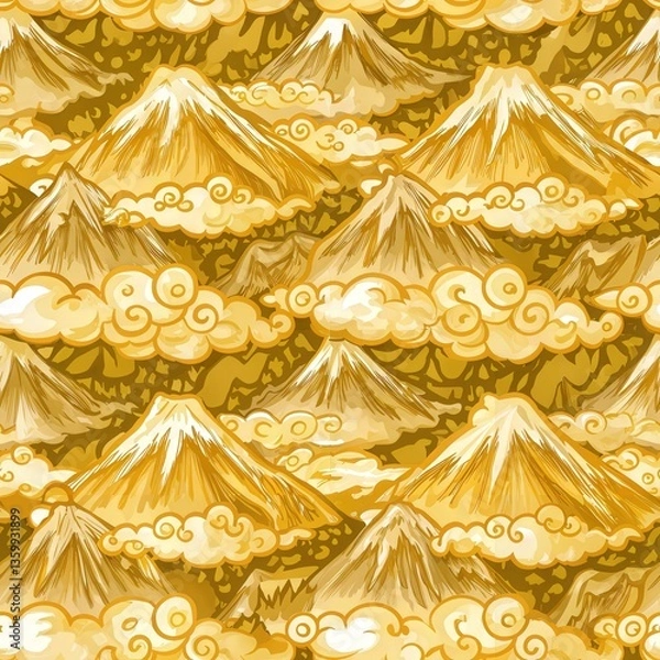 Obraz Japanese Motifs seamless pattern, Stylized nihonga artwork featuring mountain and cloud silhouettes.