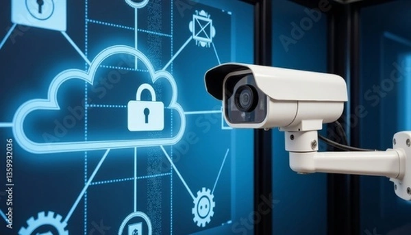 Obraz Modern surveillance camera secured in cloud, digital security concept