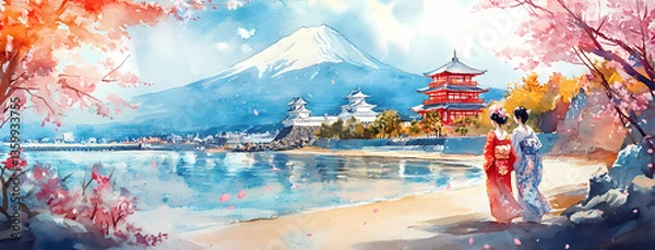 Fototapeta Whispers of Cherry Blossoms: Two geishas stroll along a serene waterfront, framed by a vibrant display of cherry blossoms against the backdrop of a snow-capped mountain and traditional architecture.