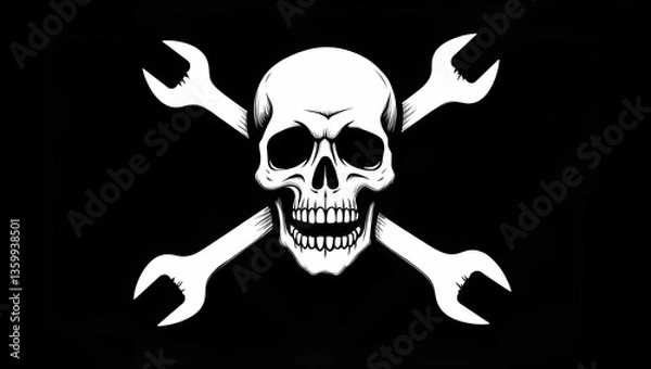 Fototapeta Stylish Black and White Skull Illustration with Crossed Wrenches - A Unique Vector Design Symbolizing Mechanics and Industrial Themes for Smart Business Branding