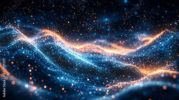Obraz Futuristic Digital Landscape with Glowing Blue and Orange Particles – Abstract Technology Background, Data Visualization, Artificial Intelligence, Virtual Reality