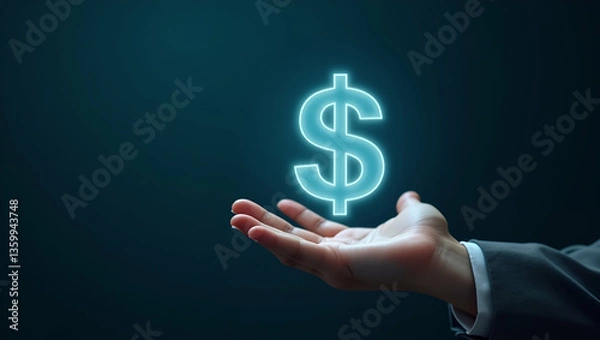 Fototapeta Hand presenting holographic investment startup funding symbol representing investment startup funding in empty space background concept as A hand showcases holographic investment startup funding symbo