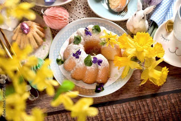Obraz Top view of traditional Easter ring cake with fresh flower decoration on festive table